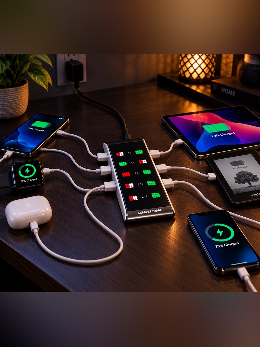 Sharper Image Visual Charge 6 Port USB Charging Hub LCD Fast Surge 5ft Cord